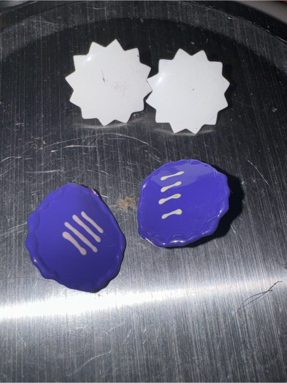 Purple & White Enamel Post Earrings - Bold Retro Shape Read Description